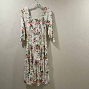 (NWT) FIGUEROA & FLOWER Short Sleeve Smocked Maxi Floral Dress, Ivory/Pink - L